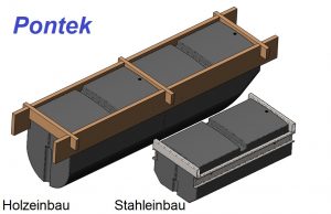 Grundsätzlich besitzen alle Pontek-Schwimmkörper eine 22cm hohe seitliche Aufnahme. Damit eignen sich sie sich ideal auch für den Stegbau mit einem Trägerrahmen aus Holz.