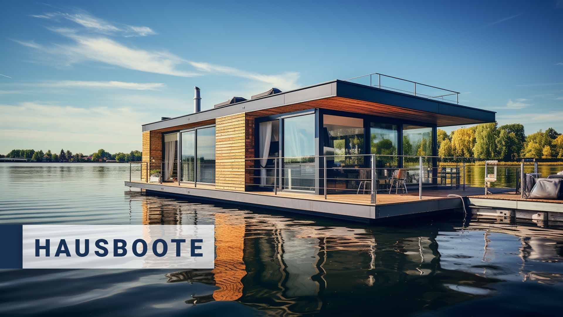 Zu sehen ist ein modernes Hausboot auf einem See in MV, Hausbootbau, Pontons