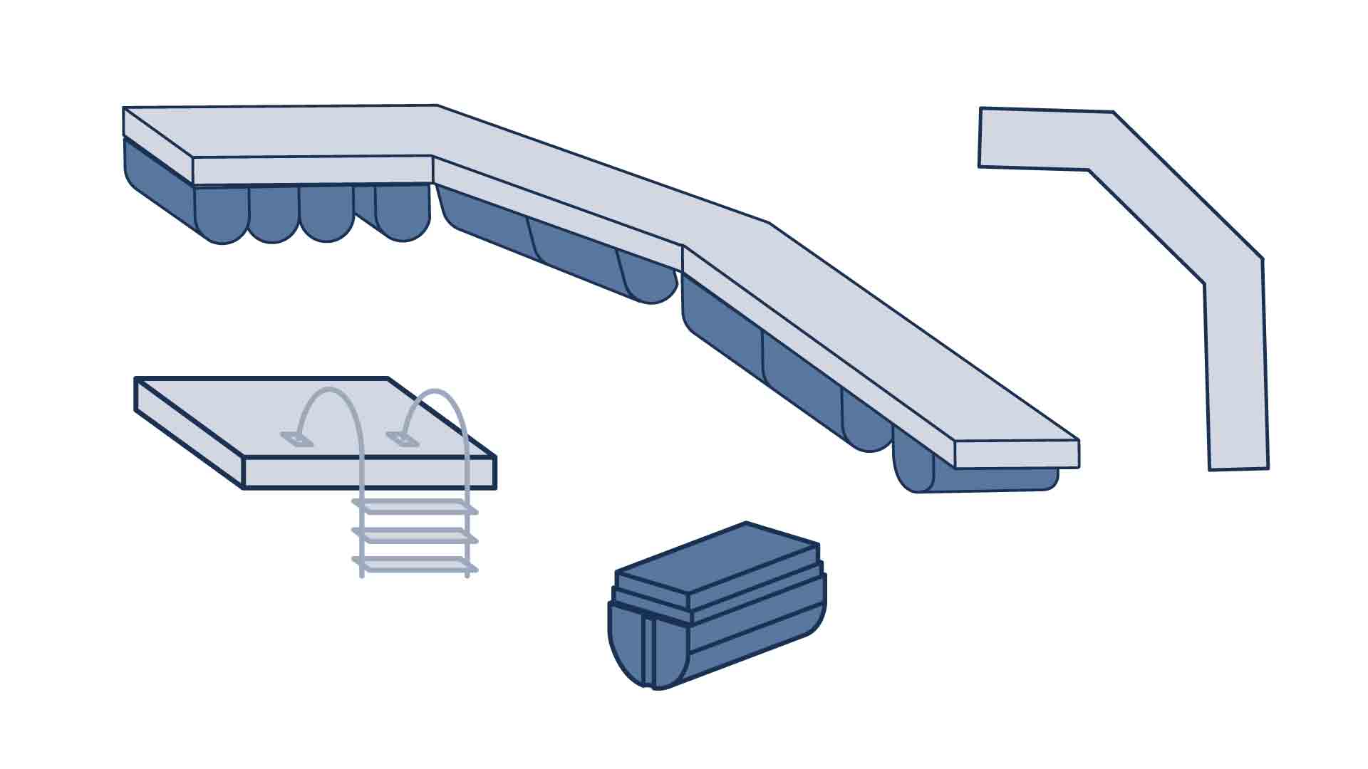 Zu sehen ist eine illustrierte Grafik eines Schwimmstegs, Perspektivische Zeichnung mit blau, grau. Grundriss, 3D-Zeichnung, Technus