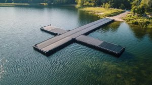 Zu sehen ist eine kleine Steganlage von Technus, an einem See in MV, Technus ist ein Hersteller für Schwimmstege