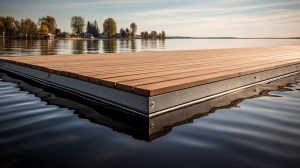 Zu sehen ist eine Nahaufnahme eines Schwimmstegs von Technus, Ponton Schwimmkörper bei Steganlagen und Bootsstegen