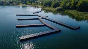 Zu sehen ist eine große Steganlage, hergestellt von Technus Steganlagenhersteller auf einem großen See in MV, Schwimmsteg und Ponton Schwimmkörper