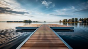Holz-Bootssteg mit breiter Plattform auf einem See, Technus Bootsstege