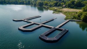 Große Steganlage mit modularen Stegelementen im Wasser, Technus Steganlagen