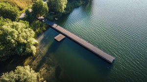 Langer Holzsteg mit Plattform von oben fotografiert, Technus Bootsstege