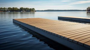 Langer Holz-Bootssteg am Wasser mit seitlicher Ansicht, Technus Bootsstege